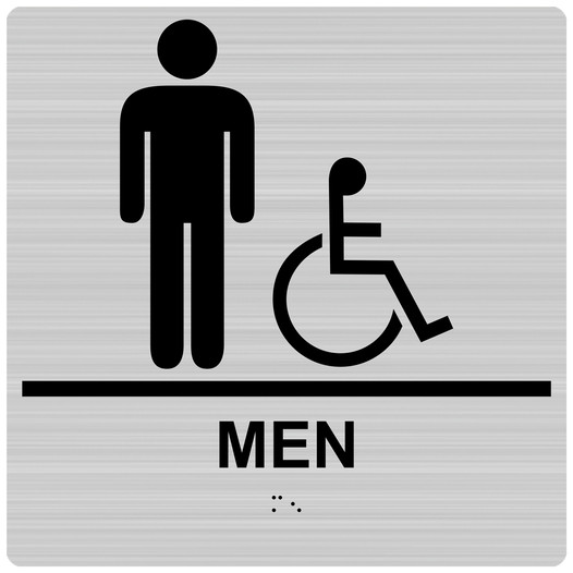Square Brushed Silver ADA Braille MEN Sign With Accessible Symbol RRE-150-99_Black_on_BrushedSilver