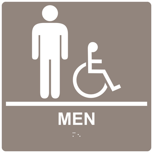 Square Taupe ADA Braille Accessible MEN Sign - RRE-150-99_White_on_Taupe