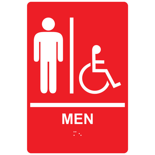 Red ADA Braille Accessible MEN Sign with Symbol RRE-150_White_on_Red