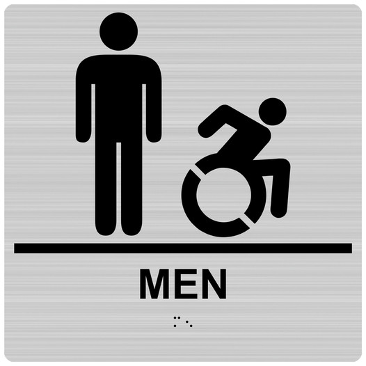 Square Brushed Silver Braille MEN Restroom Sign With Dynamic Accessibility Symbol RRE-150R-99_Black_on_BrushedSilver