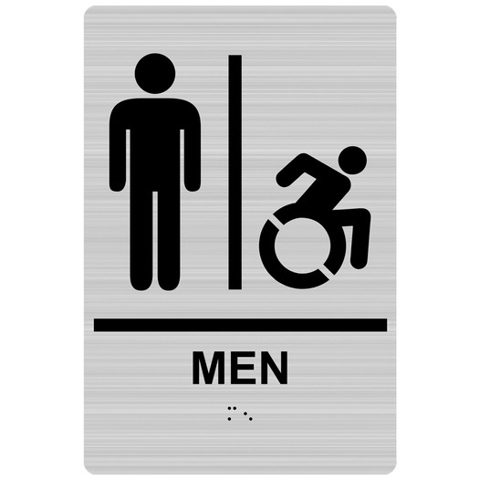 Brushed Silver Braille MEN Sign with Dynamic Accessibility Symbol RRE-150R_Black_on_BrushedSilver