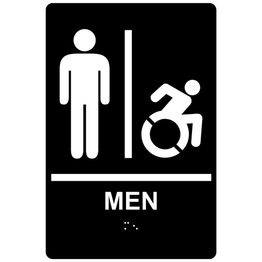 Black Braille MEN Restroom Sign with Dynamic Accessibility Symbol RRE-150R_White_on_Black