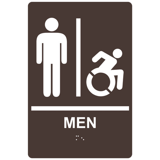 Dark Brown Braille MEN Restroom Sign with Dynamic Accessibility Symbol RRE-150R_White_on_DarkBrown