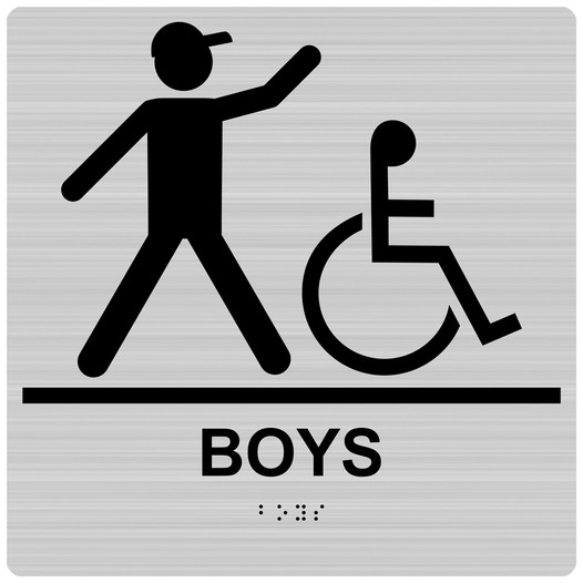 Square Brushed Silver ADA Braille BOYS Sign With Accessible Symbol RRE-160-99_Black_on_BrushedSilver