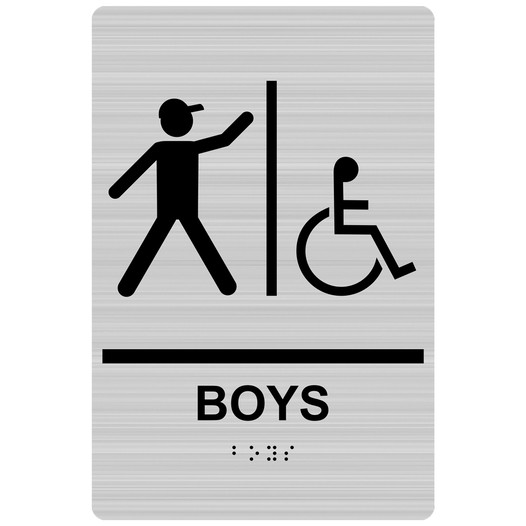 Brushed Silver ADA Braille BOYS Accessible Restroom Sign with Symbol RRE-160_Black_on_BrushedSilver