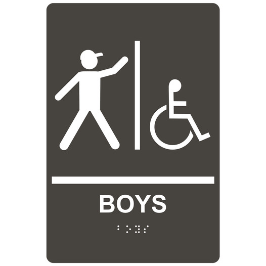 Charcoal Gray ADA Braille BOYS Accessible Restroom Sign with Symbol RRE-160_White_on_CharcoalGray
