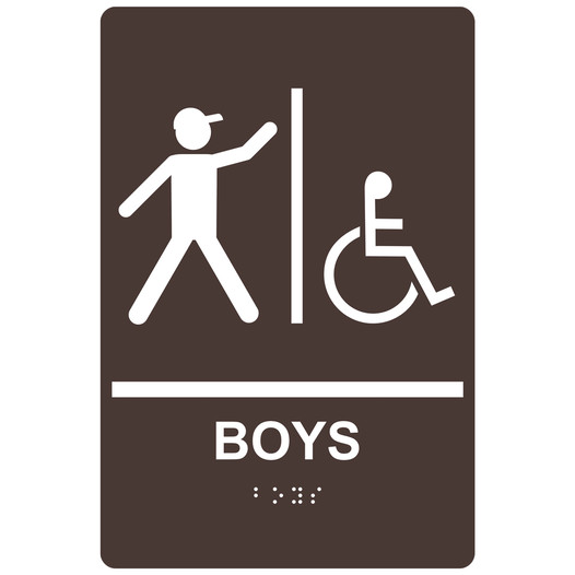 Dark Brown ADA Braille BOYS Accessible Restroom Sign with Symbol RRE-160_White_on_DarkBrown