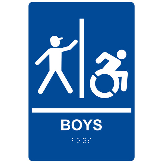 Blue Braille BOYS Restroom Sign with Dynamic Accessibility Symbol RRE-160R_White_on_Blue