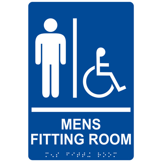 Blue ADA Braille Accessible MENS FITTING ROOM Sign with Symbol RRE-19943_White_on_Blue