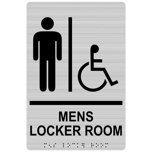 Brushed Silver ADA Braille Accessible MENS LOCKER ROOM Sign with Symbol RRE-19963_Black_on_BrushedSilver