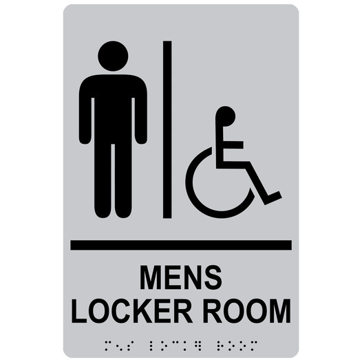 Silver ADA Braille Accessible MENS LOCKER ROOM Sign with Symbol RRE-19963_Black_on_Silver