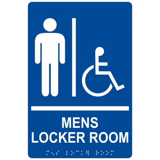 Blue ADA Braille Accessible MENS LOCKER ROOM Sign with Symbol RRE-19963_White_on_Blue