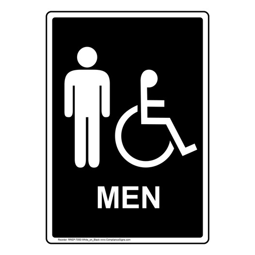 Portrait Black Accessible MEN Restroom Sign With Symbol RREP-7050-White_on_Black
