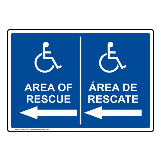 ADA Area Of Rescue With Left Arrow Bilingual Sign NHB-13187