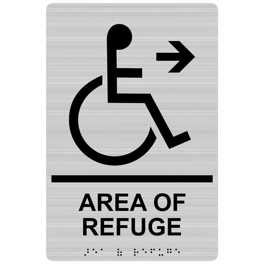 Brushed Silver ADA Braille AREA OF REFUGE Right Sign RRE-14760_Black_on_BrushedSilver