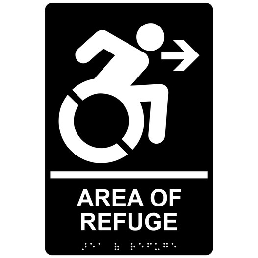 Black Braille AREA OF REFUGE Right Sign with Dynamic Accessibility Symbol RRE-14760R_White_on_Black