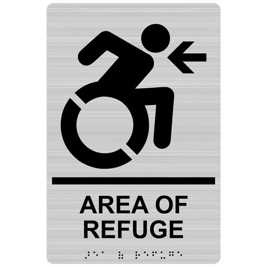 Brushed Silver AREA OF REFUGE Left Sign with Dynamic Accessibility Symbol RRE-14761R_Black_on_BrushedSilver