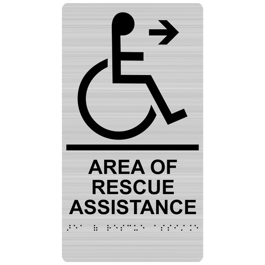 Brushed Silver ADA Braille AREA OF RESCUE ASSISTANCE Right Sign RRE-14764_Black_on_BrushedSilver