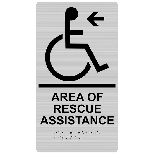 Brushed Silver ADA Braille AREA OF RESCUE ASSISTANCE Left Sign RRE-14765_Black_on_BrushedSilver