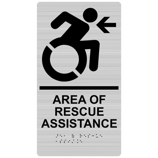 Brushed Silver AREA OF RESCUE ASSISTANCE Left Sign with Dynamic Accessibility Symbol RRE-14765R_Black_on_BrushedSilver