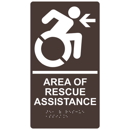 Dark Brown Braille AREA OF RESCUE ASSISTANCE Left Sign with Dynamic Accessibility Symbol RRE-14765R_White_on_DarkBrown