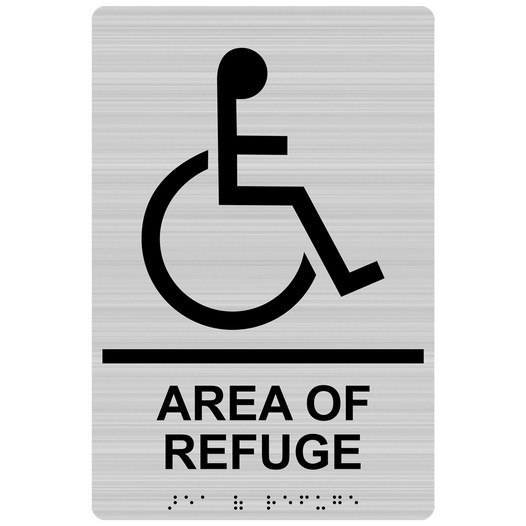 Brushed Silver ADA Braille Accessible AREA OF REFUGE Sign with Symbol RRE-910_Black_on_BrushedSilver