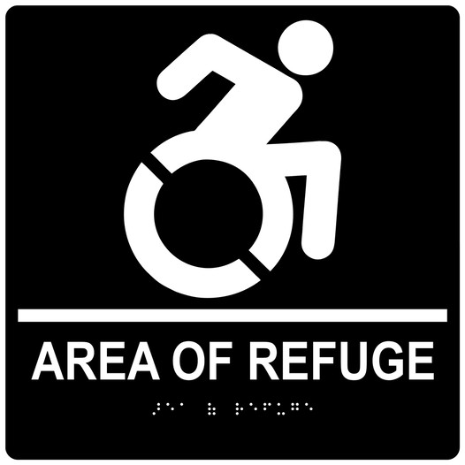Square Black Braille AREA OF REFUGE Sign with Dynamic Accessibility Symbol - RRE-910R-99_White_on_Black