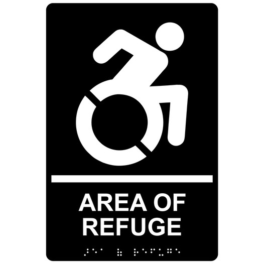 Black Braille AREA OF REFUGE Sign with Dynamic Accessibility Symbol RRE-910R_White_on_Black