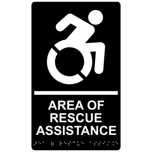 Black Braille AREA OF RESCUE ASSISTANCE Sign with Dynamic Accessibility Symbol RRE-915R_White_on_Black