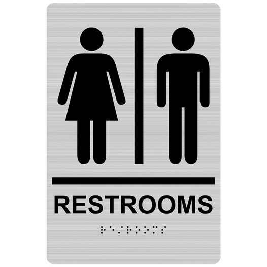 Brushed Silver ADA Braille RESTROOMS Sign With Symbol RRE-105_Black_on_BrushedSilver