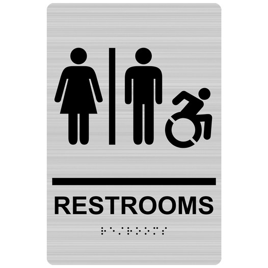 Brushed Silver Braille RESTROOMS Sign with Dynamic Accessibility Symbol RRE-115R_Black_on_BrushedSilver