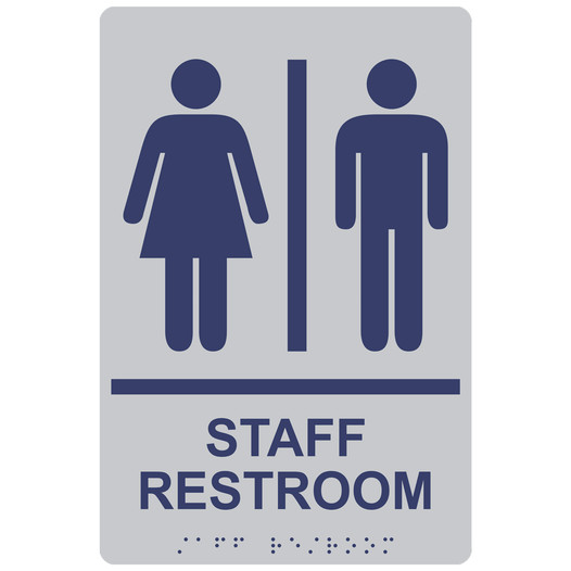 Silver ADA Braille STAFF RESTROOM Sign with Symbol RRE-14833_MarineBlue_on_Silver