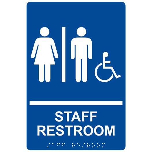 Blue ADA Braille Accessible STAFF RESTROOM Sign with Symbol RRE-14834_White_on_Blue