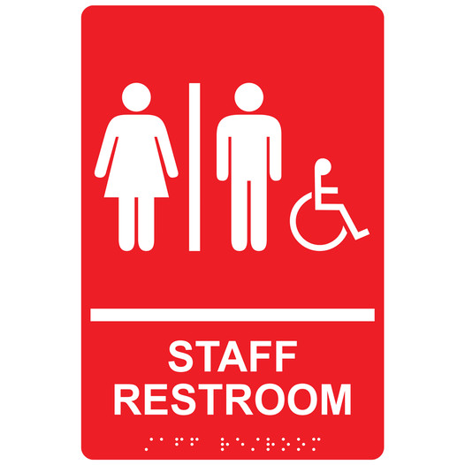 Red ADA Braille Accessible STAFF RESTROOM Sign with Symbol RRE-14834_White_on_Red