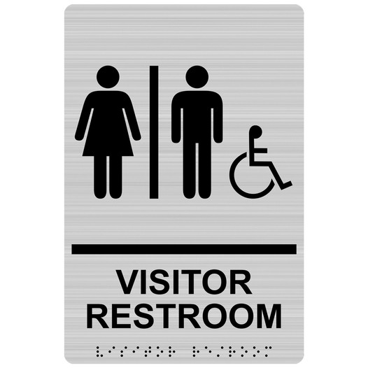 Brushed Silver ADA Braille Accessible VISITOR RESTROOM Sign with Symbol RRE-14853_Black_on_BrushedSilver