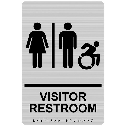 Brushed Silver Braille VISITOR RESTROOM Sign with Dynamic Accessibility Symbol RRE-14853R_Black_on_BrushedSilver