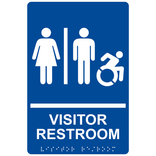 Blue Braille VISITOR RESTROOM Sign with Dynamic Accessibility Symbol RRE-14853R_White_on_Blue