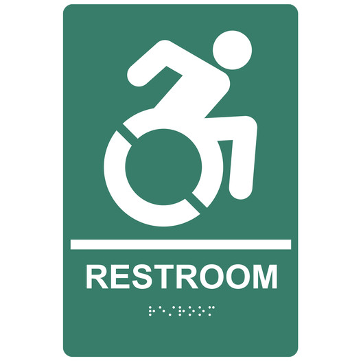 Green Braille RESTROOM Sign with Dynamic Accessibility Symbol RRE-35193R-White_on_PineGreen