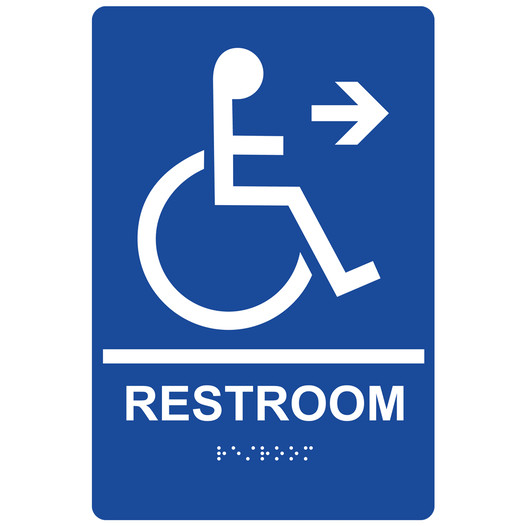 Blue ADA Braille Accessible RESTROOM Right Sign with Symbol RRE-35194-White_on_Blue
