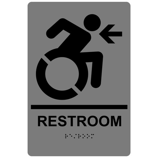 Gray Braille RESTROOM Left Sign with Dynamic Accessibility Symbol RRE-35195R-Black_on_Gray