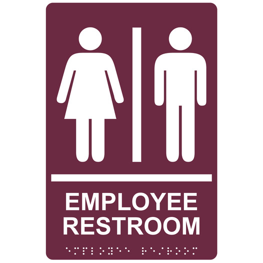 Burgundy ADA Braille Unisex EMPLOYEE RESTROOM Sign with Symbol RRE-805_White_on_Burgundy