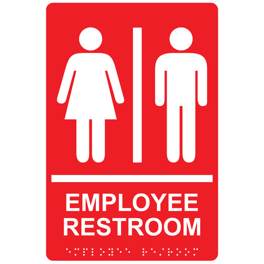 Red ADA Braille Unisex EMPLOYEE RESTROOM Sign with Symbol RRE-805_White_on_Red