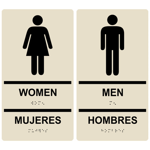 Almond ADA Braille WOMEN MUJERES + MEN HOMBRES Restroom Sign Set RRB-125_145PairedSet_Black_on_Almond
