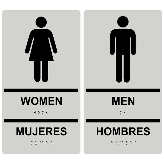 Pearl Gray ADA Braille WOMEN MUJERES + MEN HOMBRES Restroom Sign Set RRB-125_145PairedSet_Black_on_PearlGray