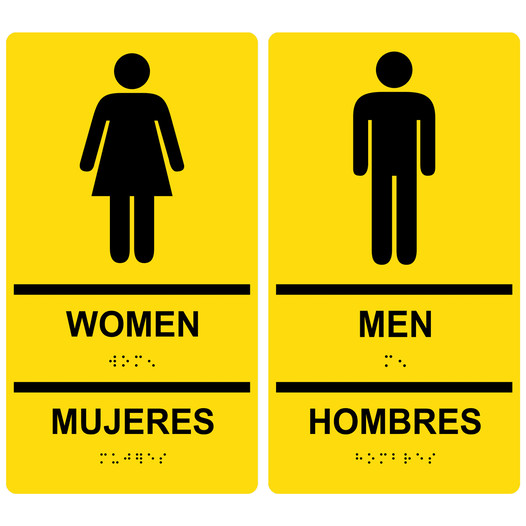 Yellow ADA Braille WOMEN MUJERES + MEN HOMBRES Restroom Sign Set RRB-125_145PairedSet_Black_on_Yellow