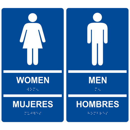 Blue ADA Braille WOMEN MUJERES + MEN HOMBRES Restroom Sign Set RRB-125_145PairedSet_White_on_Blue