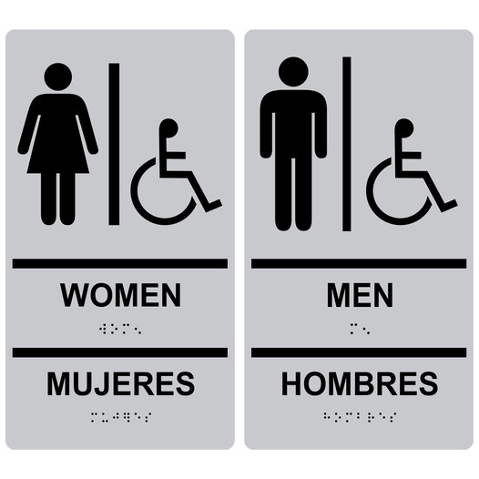 Silver ADA Braille WOMEN - MEN Accessible Restroom Sign Set RRB-130_150PairedSet_Black_on_Silver
