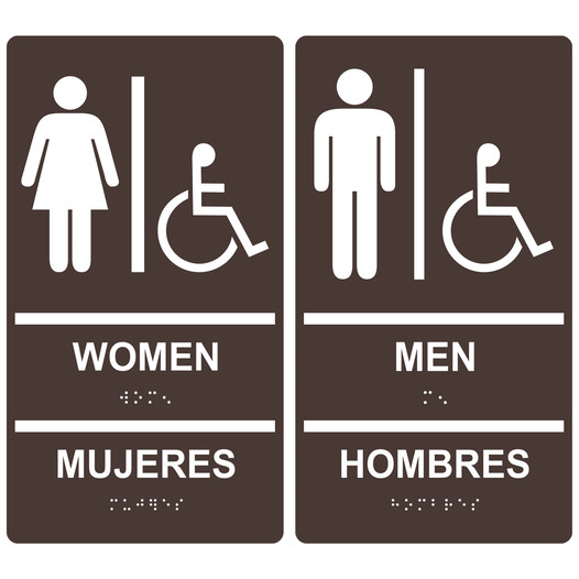 Dark Brown ADA Braille WOMEN - MEN Accessible Restroom Sign Set RRB-130_150PairedSet_White_on_DarkBrown