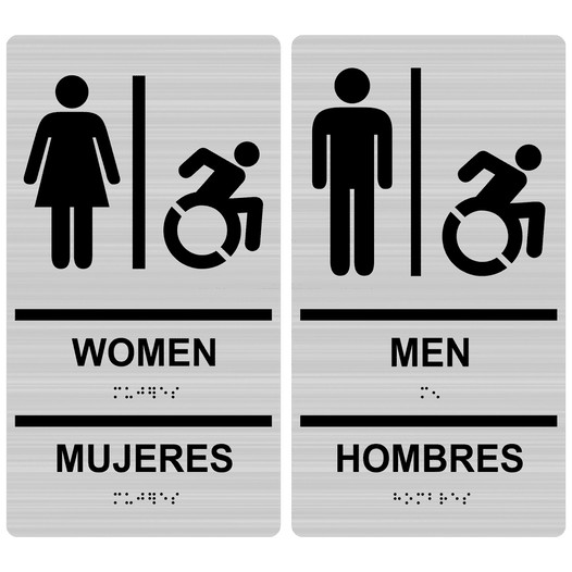 Brushed Silver Braille WOMEN MUJERES + MEN HOMBRES Sign Set with Dynamic Accessibility Symbol RRB-130_150PairedSetR_Black_on_BrushedSilver