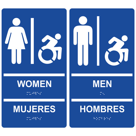 Blue Braille WOMEN MUJERES + MEN HOMBRES Sign Set with Dynamic Accessibility Symbol RRB-130_150PairedSetR_White_on_Blue